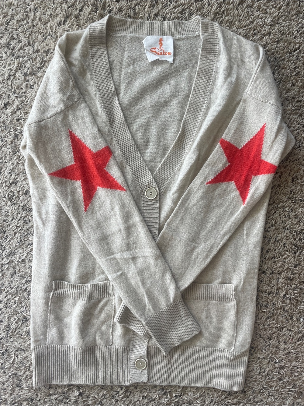 Neutral V-Neck Cashmere Cardigan with Red Star Elbow Patches